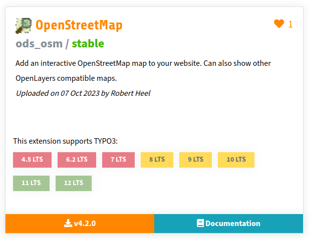 Screenshot aus dem TYPO3 Extension Repository (TER) zur Extension `ods_osm`. Zu lesen ist, dass die neue Version 4.2.0 von Robert Heel am 07.10.2023 hochgeladen wurde. Sie liegt in kompatiblen Versionen für TYPO3 seit 4.5 LTS und bis 12.4 LTS vor.